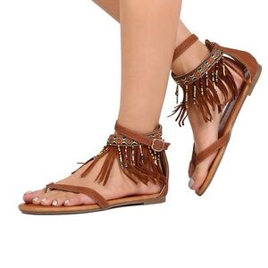 Nature Breeze Sandals Womens 9 Leather Tan Beaded Tribal Hippie Boho Lace Up